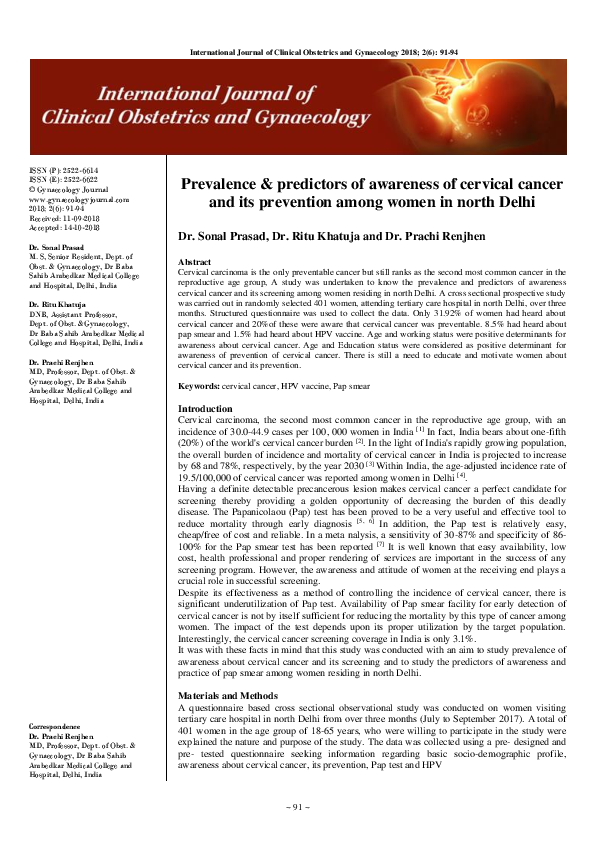 (PDF) Prevalence and predictors of awareness of cervical cancer and its ...