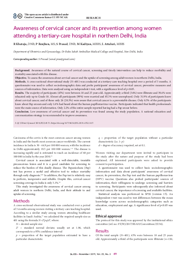 (PDF) Awareness of cervical cancer and its prevention among women ...