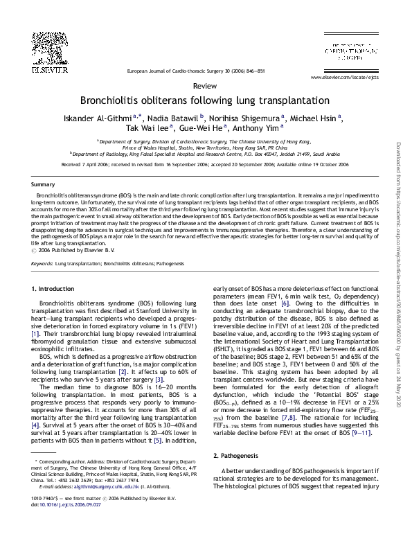 Bronchiolitis obliterans following lung transplantation