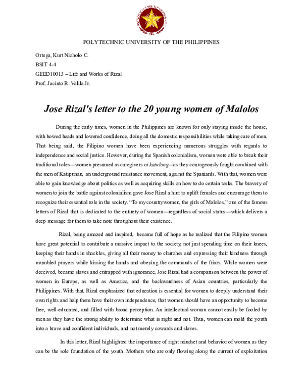 Letter To The Young Lady Of Malolos Summary (PDF) Rizal's Letter to the 20 Young Women of Malolos