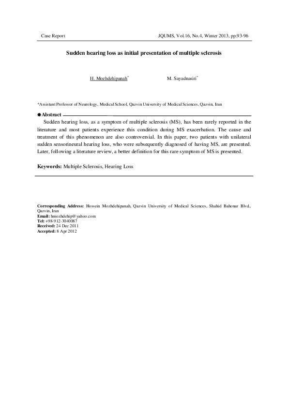 (PDF) Sudden hearing loss as initial presentation of multiple sclerosis