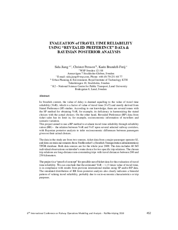 (PDF) Evaluation of Travel Time Reliability using “Revealed Preference ...