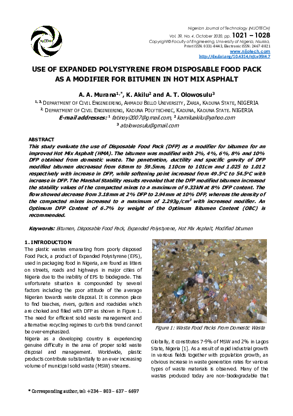 (PDF) Use of expanded polystyrene from disposable food pack as a ...