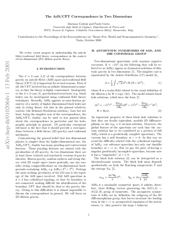 (PDF) THE AdS/CFT CORRESPONDENCE IN TWO DIMENSIONS