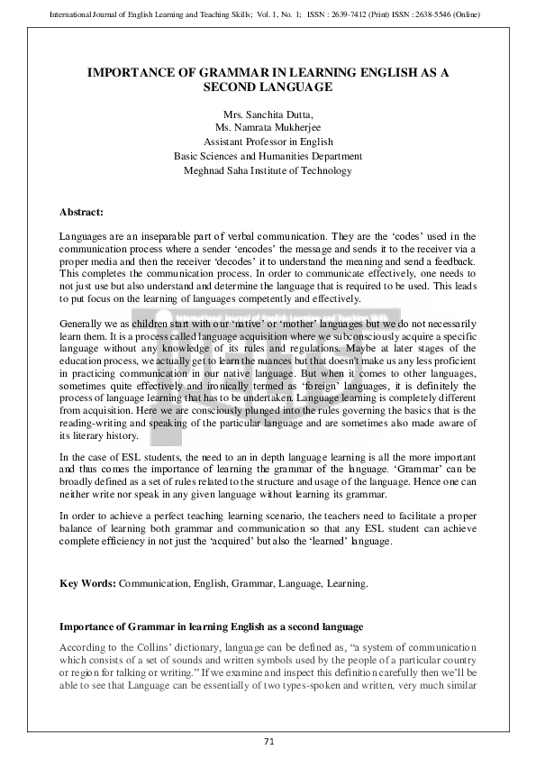(PDF) Importance of Grammar in Learning English as a Second Language