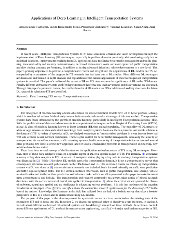 (PDF) Applications of Deep Learning in Intelligent Transportation Systems