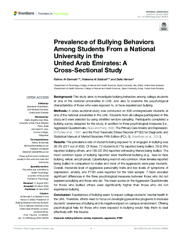 (PDF) Prevalence of Bullying Behaviors Among Students From a National ...