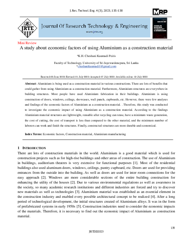 (PDF) Mini Review A study about economic factors of using Aluminium as ...