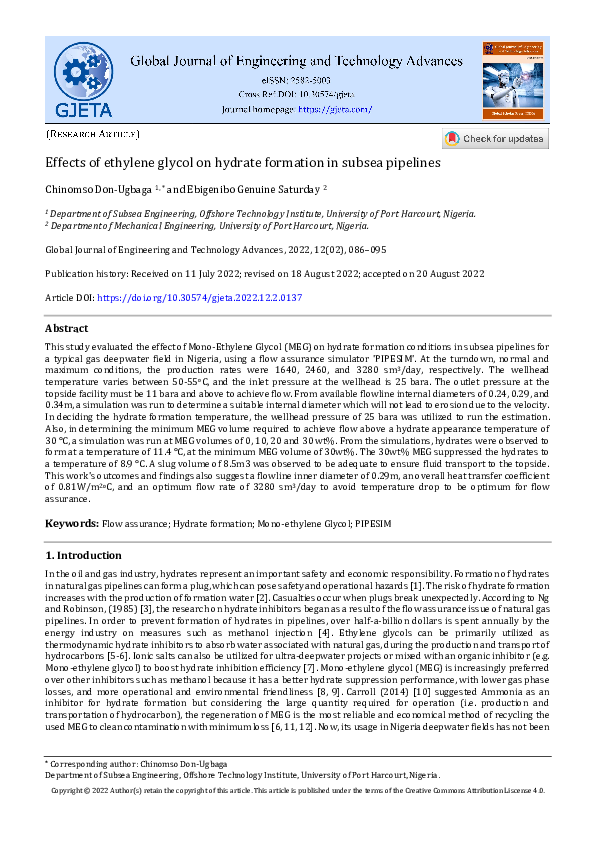 (PDF) Effects of ethylene glycol on hydrate formation in subsea pipelines