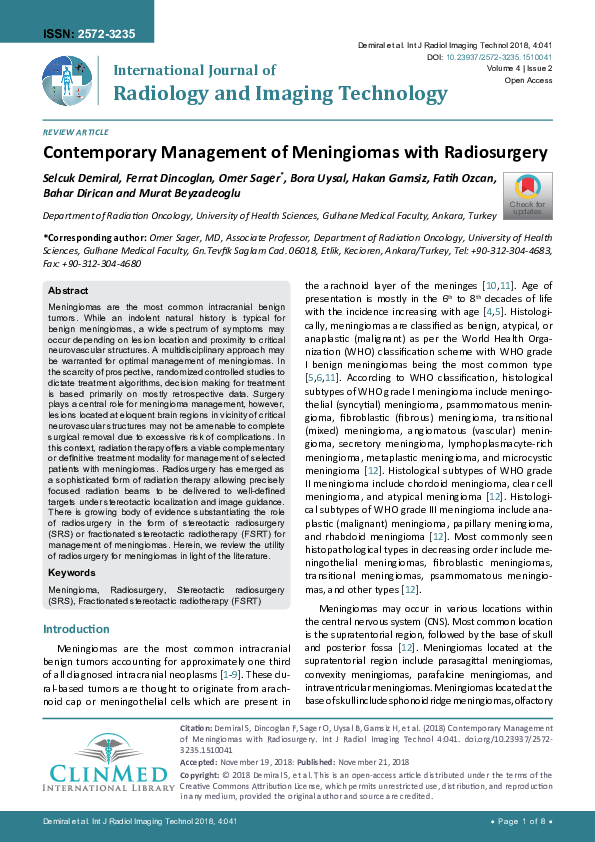 (PDF) Contemporary Management of Meningiomas with Radiosurgery