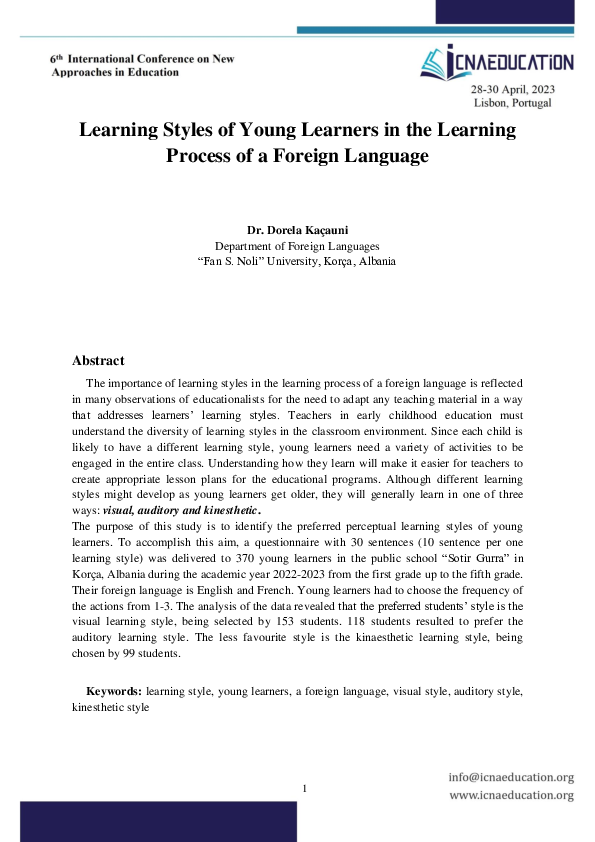 (PDF) Learning Styles of Young Learners in the Learning Process of a ...