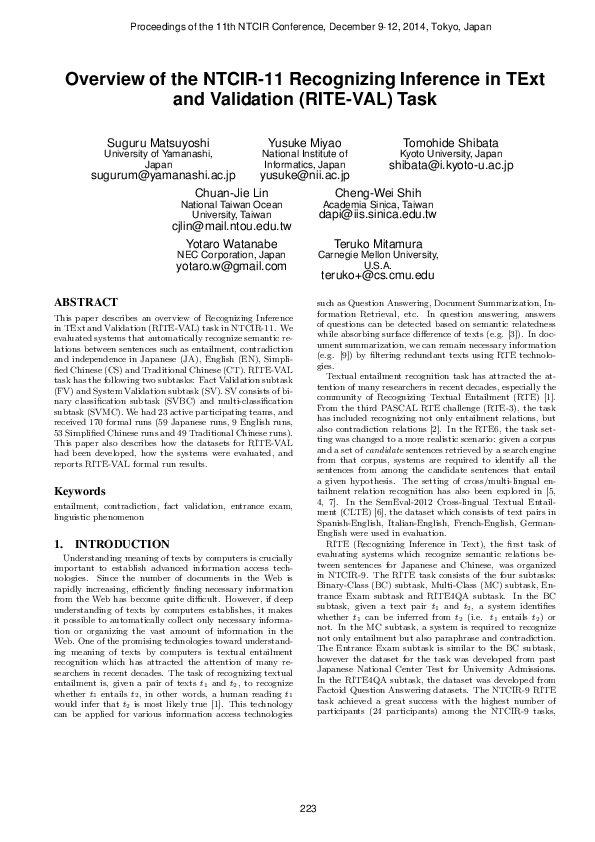 (PDF) Overview of the ntcir-11 recognizing inference in text and ...