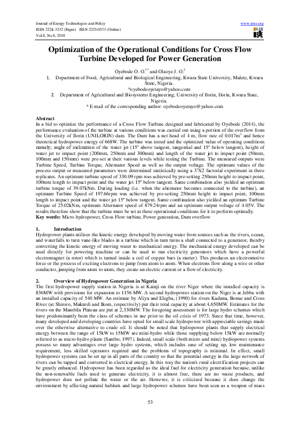 (PDF) Optimization of the Operational Conditions for Cross Flow Turbine ...