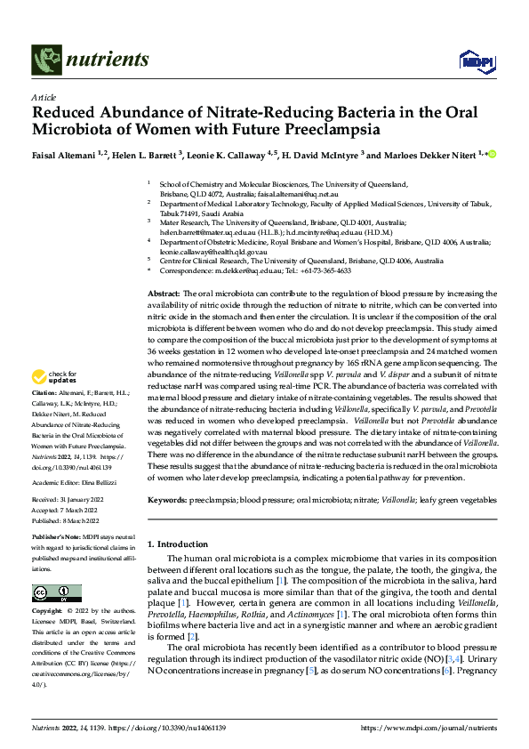 (PDF) Reduced Abundance of Nitrate-Reducing Bacteria in the Oral ...