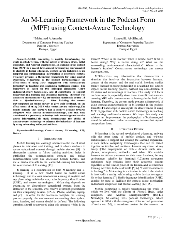 (PDF) An M-Learning Framework in the Podcast Form (MPF) using Context ...