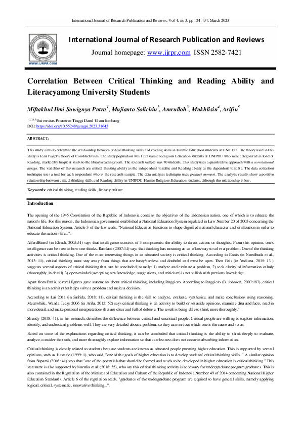 (PDF) Correlation Between Critical Thinking and Reading Ability and ...