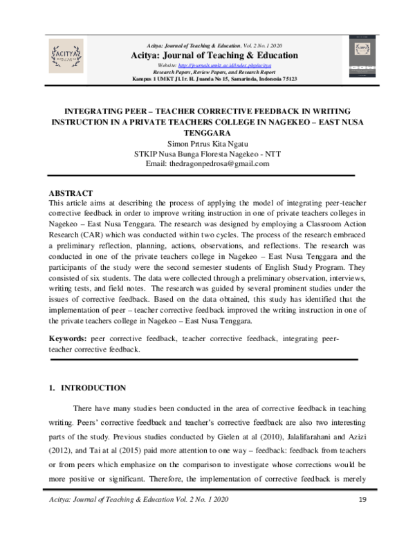 (PDF) Integrating Peer – Teacher Corrective Feedback in Writing ...