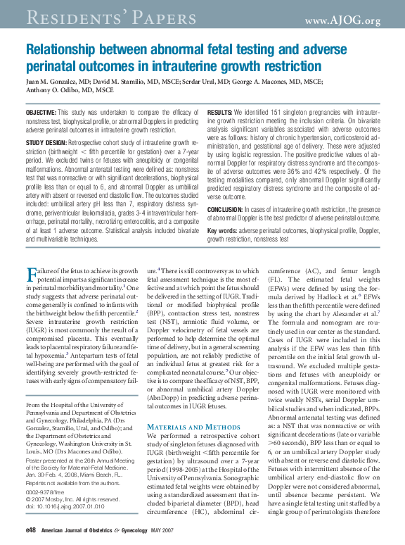 (PDF) Relationship between abnormal fetal testing and adverse perinatal ...