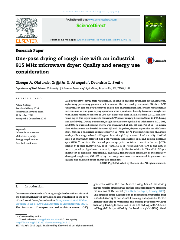 (PDF) One-pass drying of rough rice with an industrial 915 MHz ...