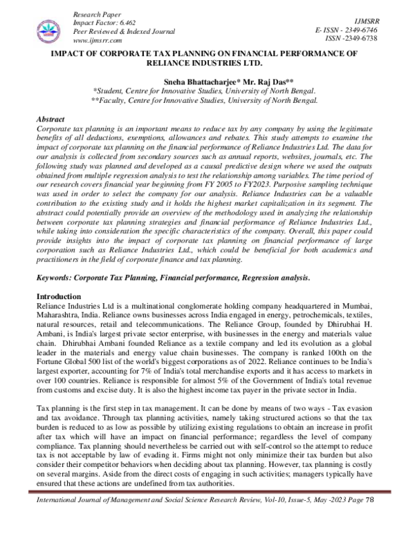 (PDF) IMPACT OF CORPORATE TAX PLANNING ON FINANCIAL PERFORMANCE OF ...