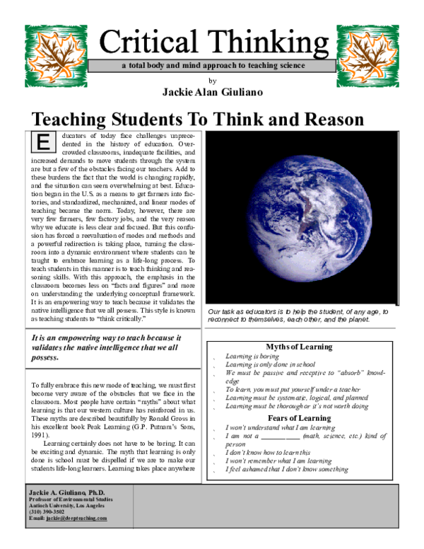 (PDF) Including Critical Thinking in Teaching - An Overview