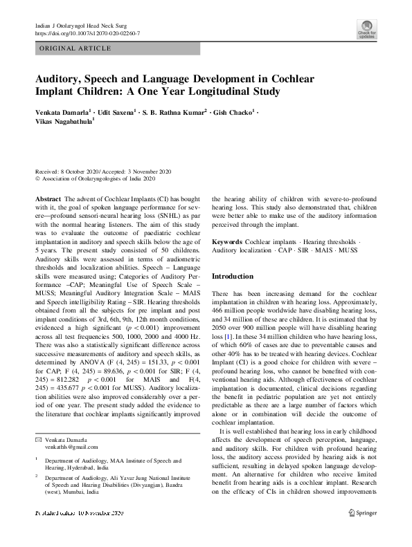 (PDF) Auditory, Speech and Language Development in Cochlear Implant ...