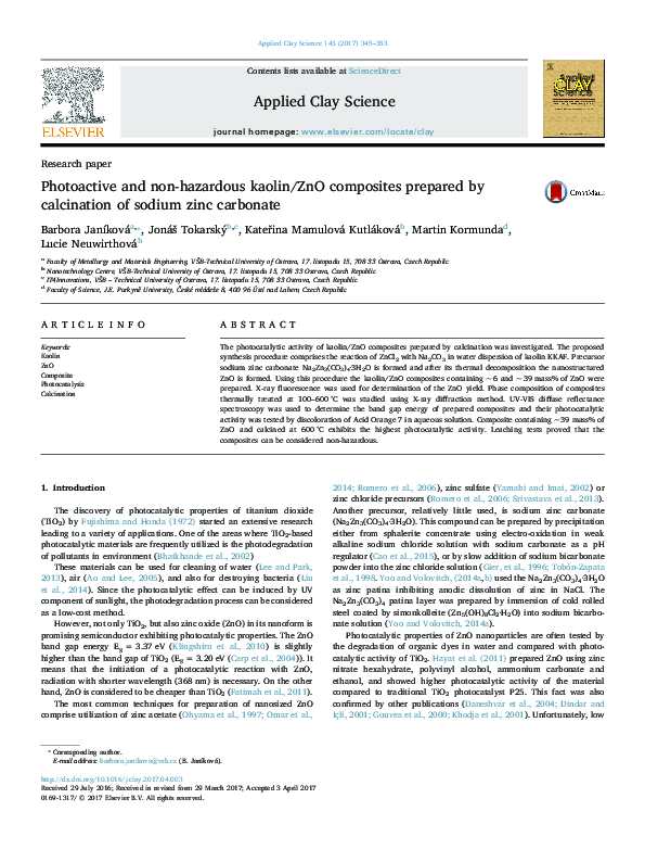 (PDF) Photoactive and nonhazardous kaolin/ZnO composites prepared by