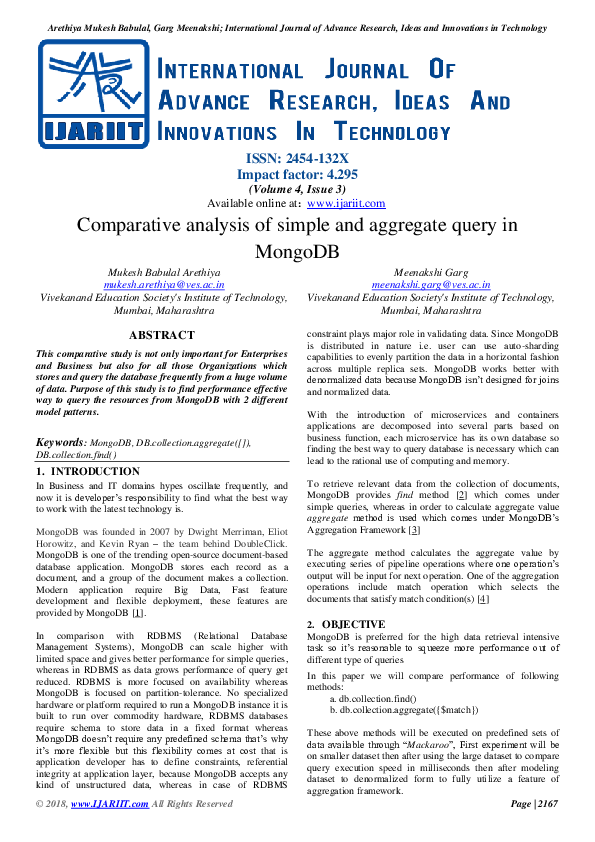 Pdf Comparative Performance Of Simple Vs Aggregate Queries In Mongodb