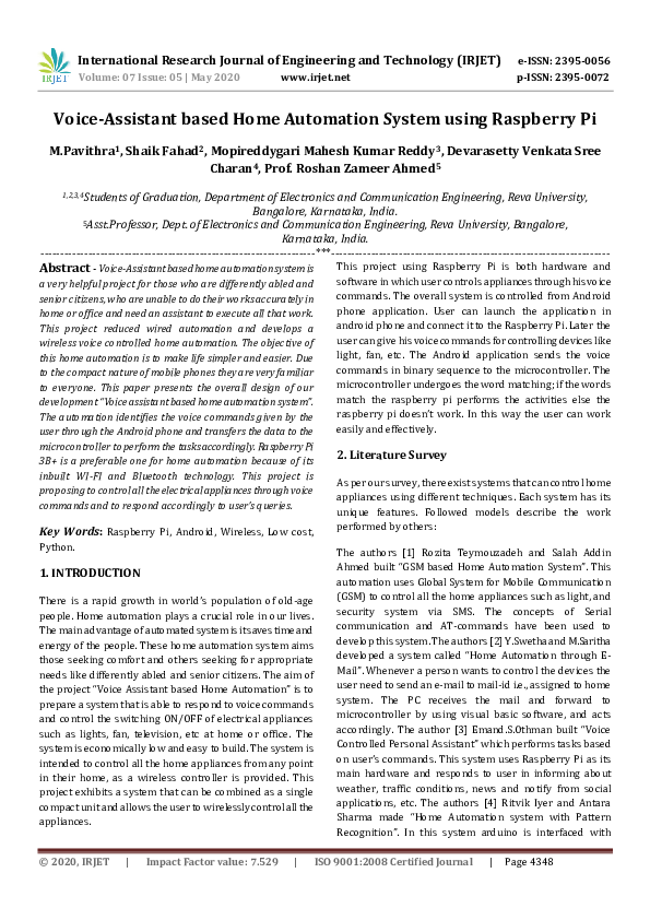 (PDF) Voice-Assistant based Home Automation System using Raspberry Pi