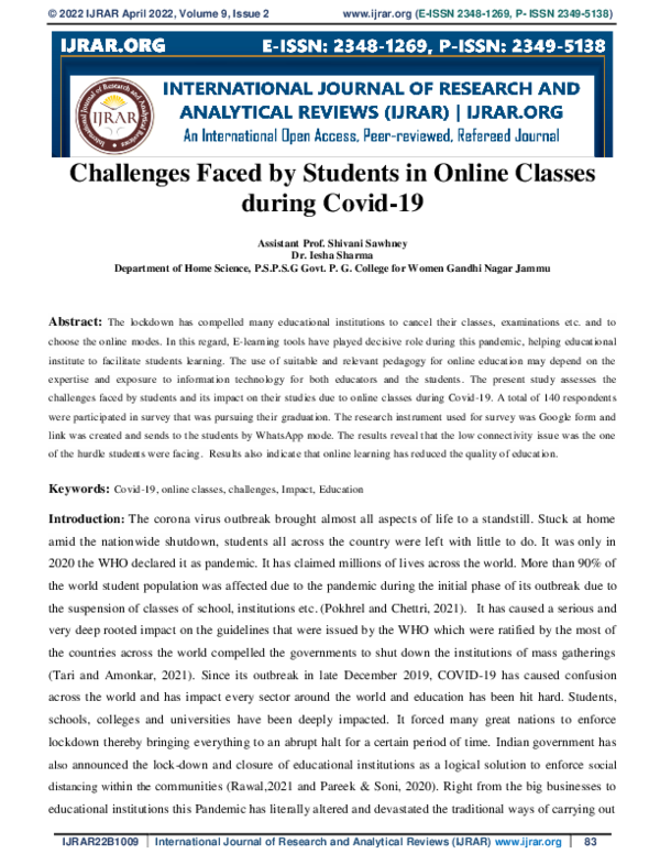 (PDF) Challenges Faced by Students in Online Classes during Covid-19