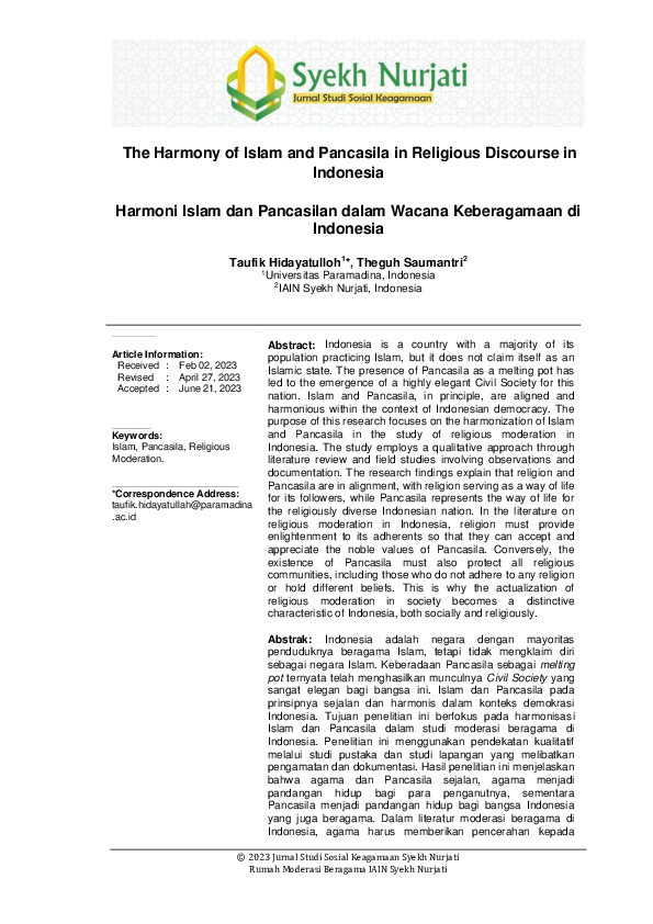 (PDF) The Harmony of Islam and Pancasila in Religious Discourse in ...