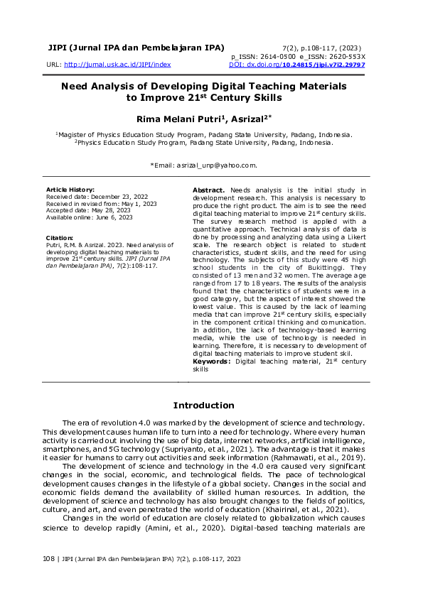 (PDF) Need Analysis of Developing Digital Teaching Materials to Improve ...