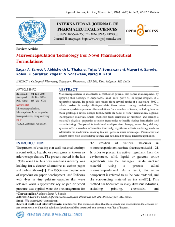 (PDF) Microencapsulation Technology For Novel Pharmaceutical Formulations