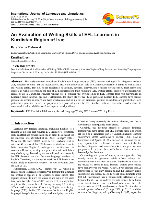 (PDF) An Evaluation of Writing Skills of EFL Learners in Kurdistan ...