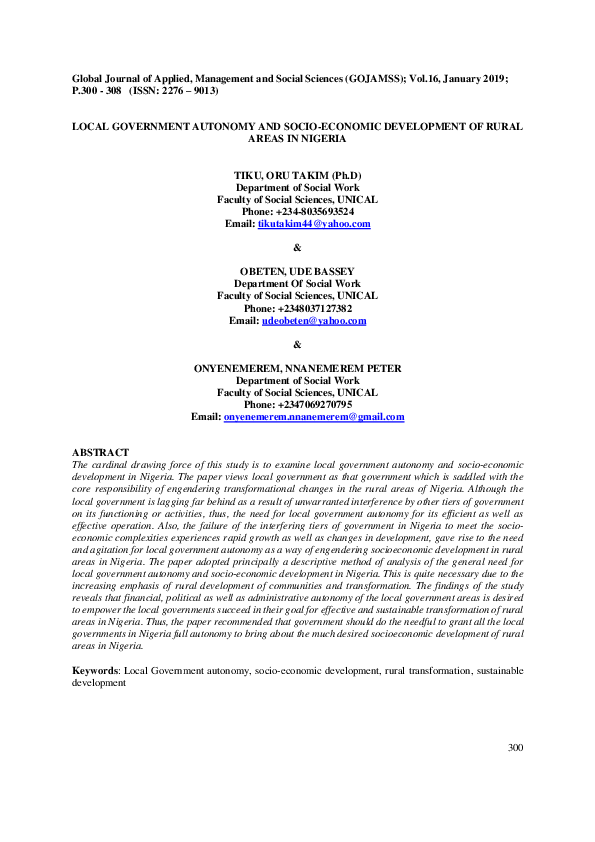 (PDF) Local Government Autonomy and Socio-Economic Development of Rural ...