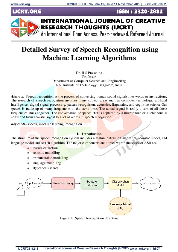 (PDF) Detailed Survey of Speech Recognition using Machine Learning ...