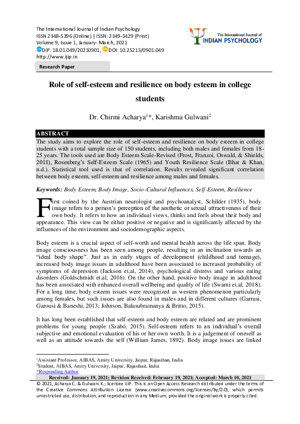 (PDF) Role of self-esteem and resilience on body esteem in college students