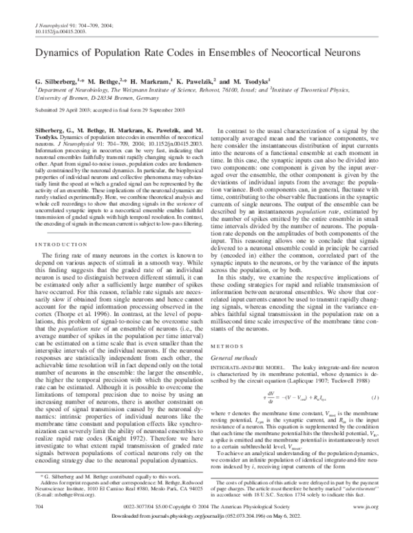 (PDF) Dynamics of Population Rate Codes in Ensembles of Neocortical Neurons