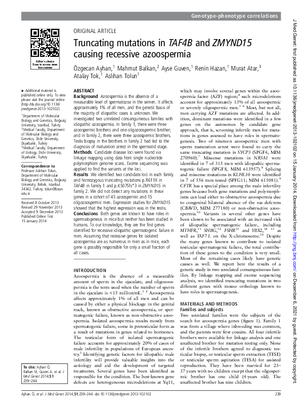 (PDF) Truncating mutations in TAF4B and ZMYND15 causing recessive ...