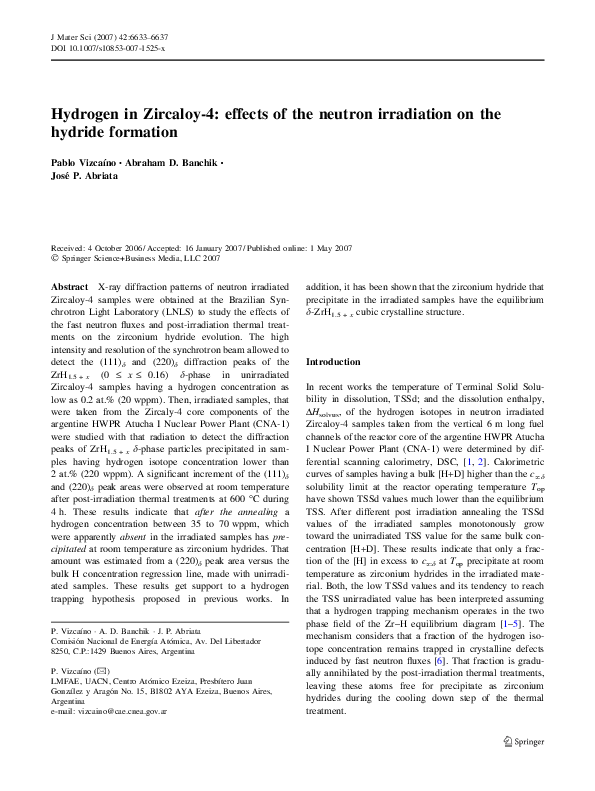 (PDF) Hydrogen in Zircaloy-4: effects of the neutron irradiation on the ...