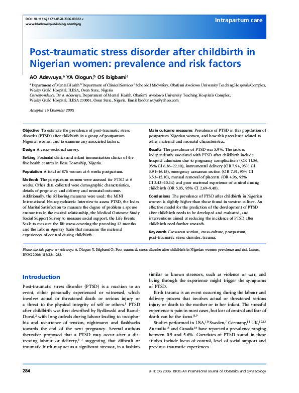 (PDF) Post‐traumatic stress disorder after childbirth in Nigerian women ...