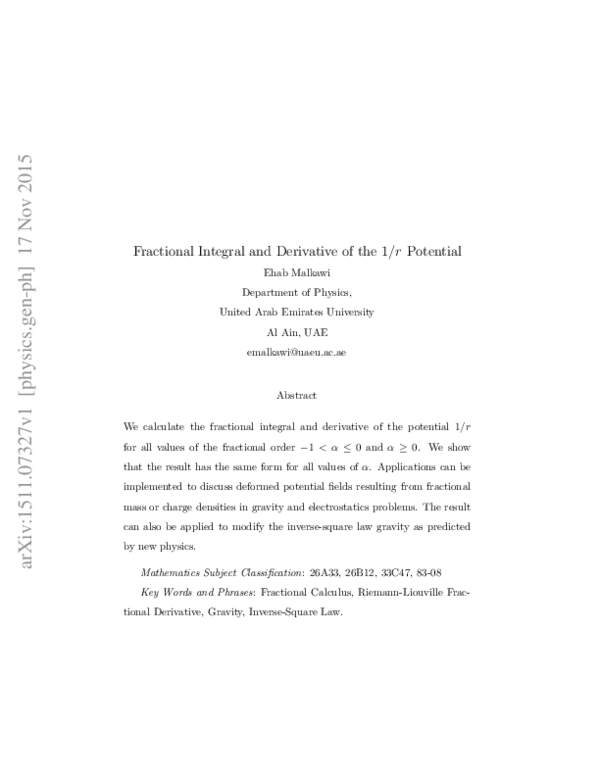 (PDF) Fractional Integral and Derivative of the 1/r Potential