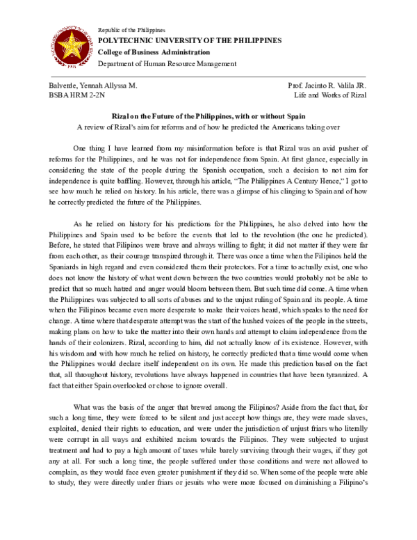 (PDF) Rizal on the Future of the Philippines, with or without Spain