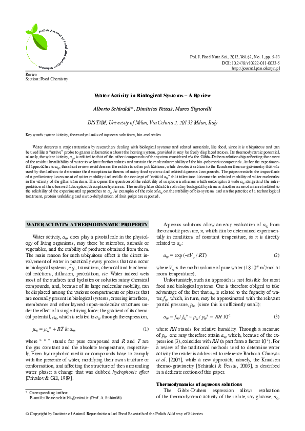 (PDF) Water Activity in Biological Systems – A Review