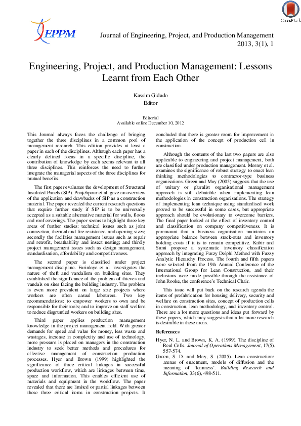 (PDF) Engineering, Project, and Production Management: Lessons