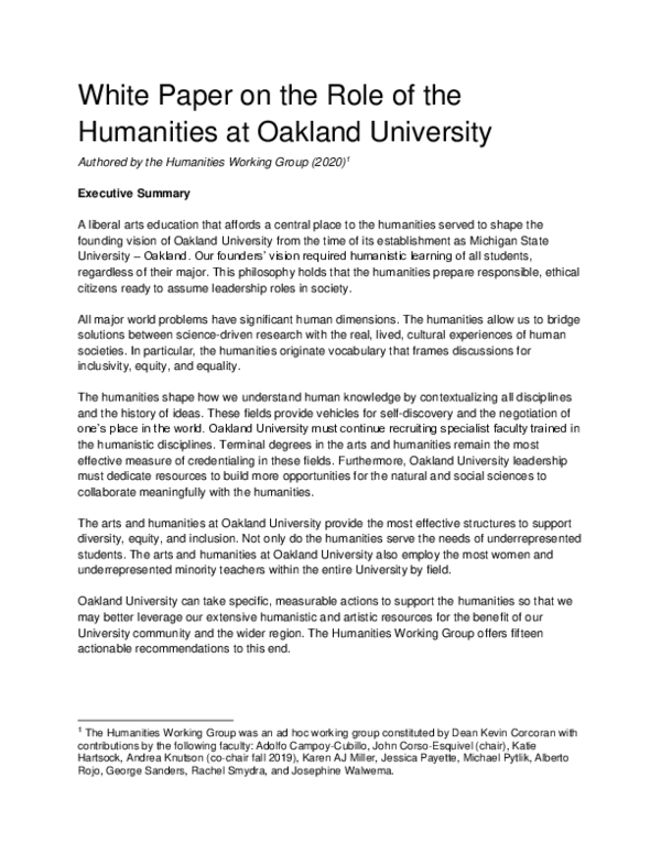 (PDF) White Paper on the Role of the Humanities at Oakland University