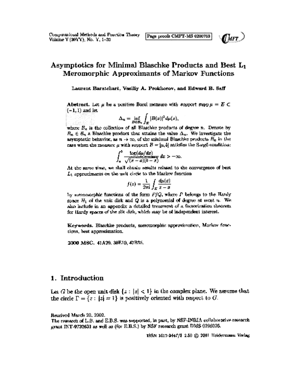 (PDF) Asymptotics for Minimal Blaschke Products and Best L1 Meromorphic ...