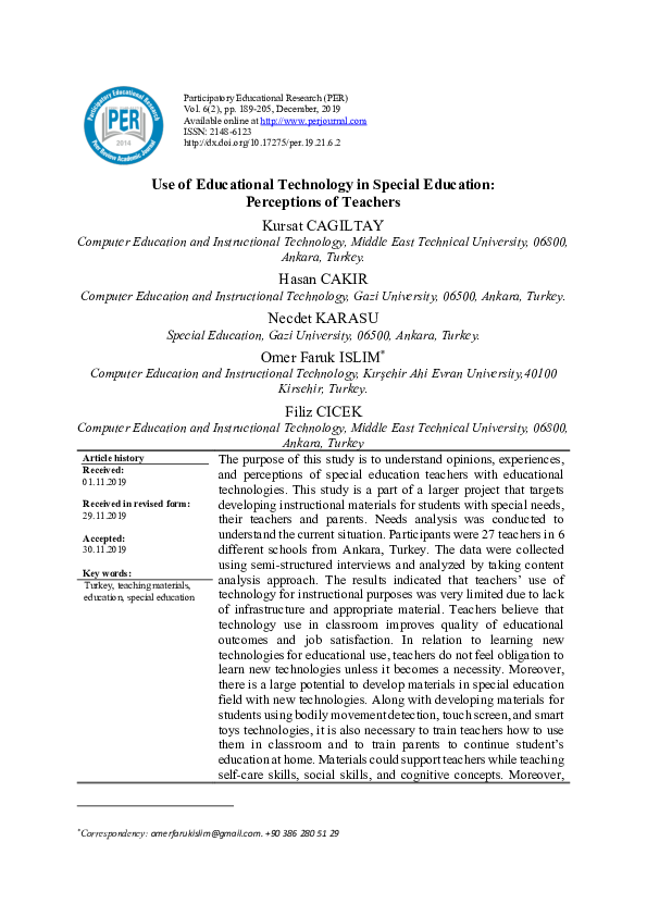 (PDF) Use of Educational Technology in Special Education: Perceptions ...