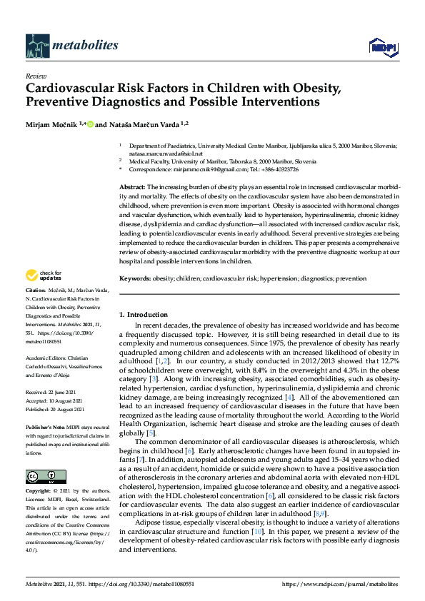 (PDF) Cardiovascular Risk Factors in Children with Obesity, Preventive ...