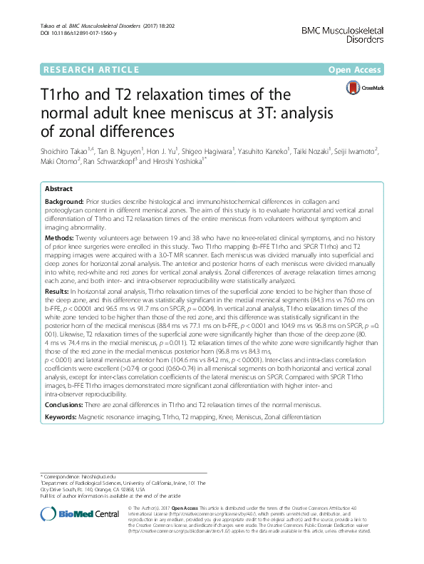 (PDF) T1rho and T2 relaxation times of the normal adult knee meniscus ...